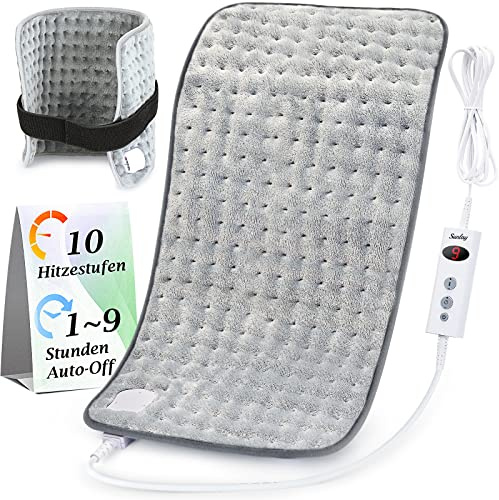 Heizkissen mit Abschaltautomatik 90 Min für Rücken, Nacken & Schultern – 10 Temperaturstufen, Schnellaufheiz-Technologie, maschinenwaschbar, Elektrisch Wärmekissen 30x60 cm, Grau