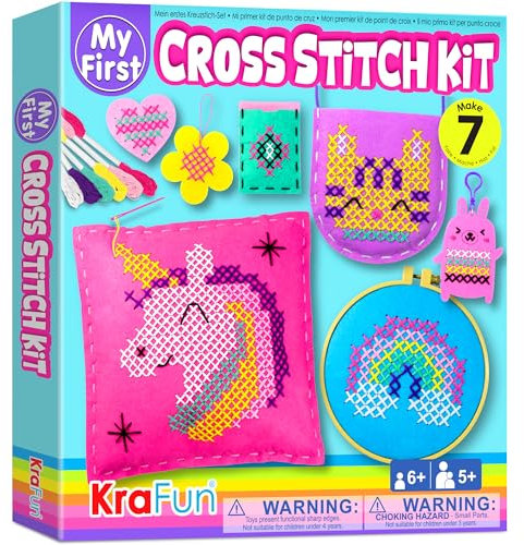 KRAFUN Kit Punto Croce per Bambini 5+ Anni, 6 Progetti Fai da Te (Portachiavi, Borsa, Cuscino), Feltro, Istruzioni, Scatola Riutilizzabile, Giocattolo Educativo