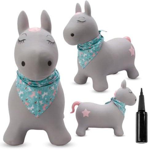 sun baby Hüpftiere ab 1 Jahr mit Pumpe aufblasbares Hüpfspielzeug aus Hochwertigem und Strapazierfähigem Gummi, Verschiedene Designs (Graues Pferd mit Bandana)