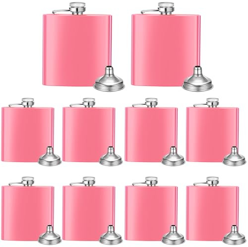 Layhit 10 Pcs 6 oz Hip Flasks for Liquor for Men Women Gifts Stainless Steel Flask with 10 Pcs Funnels for Wedding Party Groomsman Bridesmaid Birthdays Gift(Matte Pink)
