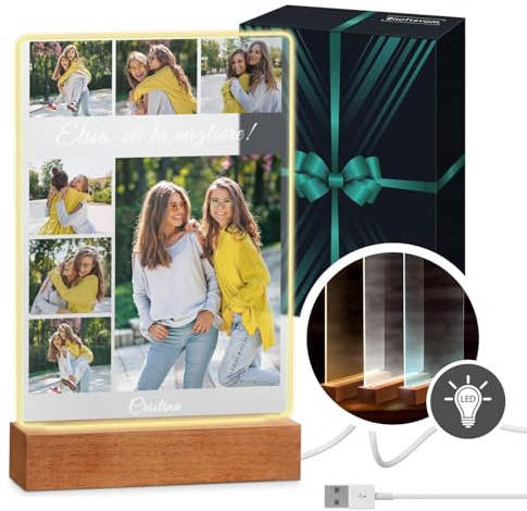 Maverton Cornice LED luminosa con supporto in legno - Quadro in vetro acrilico personalizzato con collage di foto - Lampada con foto per donna per il compleanno - Amica - L - 15x24x4,5cm