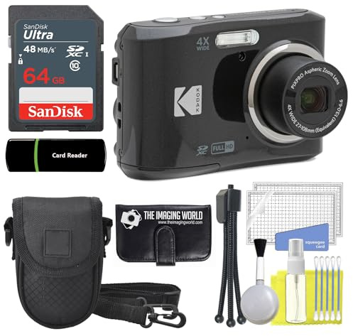 Kodak PIXPRO FZ45 16MP Digital Camera 4X Optical Zoom 27mm Wide Angle 1080P Full HD Video 2.7 LCD Camera (Black) + 64GB Card and Reader + Case + Memory Wallet + Tripod + Cleaning Bundle