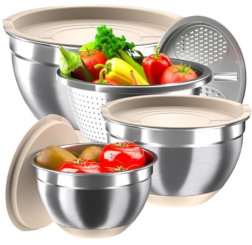 Nicdiet Mixing Bowls with Airtight Lids, Stainless Steel Mixing Bowl Set with 3 Metal Nesting Bowls, Colander & Grater, Non-Slip Bottoms, Size 1.5, 2.5, 5 QT, Great for Mixing & Serving, Khaki