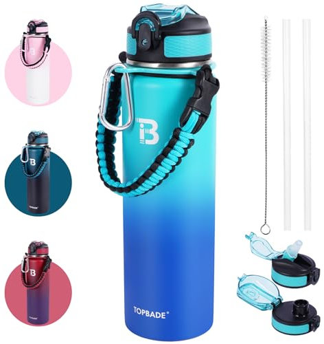 Borraccia Termica con 2 Coperchi ( Cannuccia & no Cannuccia) - 700ml, Bottiglia Acqua in Acciaio Inox, Borracce Senza Perdite, Borraccia Termiche Sportiva, Bambini, Adulto, Scuola, Freddo 24 Ore