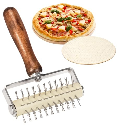 Yallmie Rodillo de Aguja de Pizza, 20.5cm Rodillo Perforador de Acero Inoxidable con Mango de Madera y Púas, Perforador Pizza Rodillo de Masa Herramienta de Panadería para Pastel, Galletas, Pasta