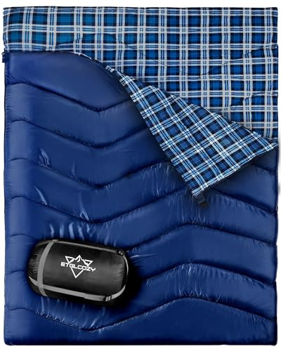 ETGLCOZY XL Queen Size 2 Person Double Sleeping Bag for Adults, Lightweight Compact with Flannel Liner & Thermolock Draft Tube, Machine Washable All Season Camping Travel(Navy)