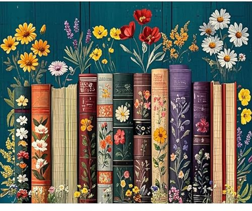 Fountor Book Paint by Numbers for Adults, Book and Flowers Adult Paint by Numbers Canvas Kits Without Frame, DIY Acrylic Number Painting Adults for Gifts Home Wall Decor 16x20 Inch