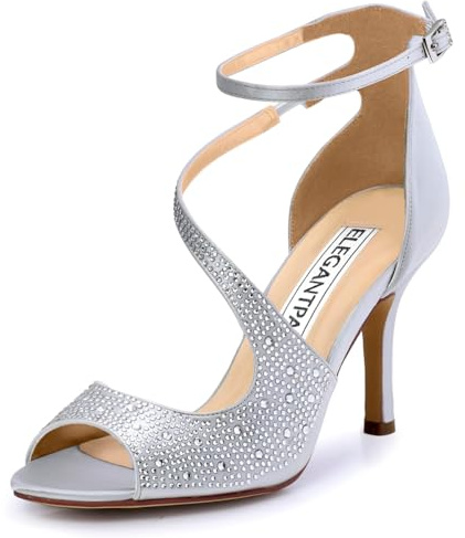 ELEGANTPARK Silver Heels for Women Peep Toe Rhinestone Sandals Wedding Shoes for Bride High Heel Ankle Strappy Sandals Sparkly Satin Evening Prom Party Shoes Buckle US 7.5