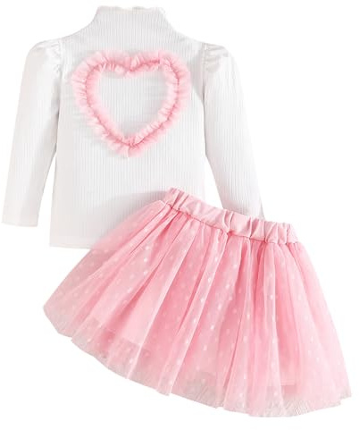Fnaobai Conjunto de faldas para bebé niña pequeña, primavera, otoño, ropa para niños, diseño de corazón de amor, manga larga, parte superior de punto acanalado, falda tutú de malla