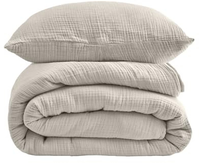 DerF HOME Muslin Bettwäsche Beige Grau 135x200 cm + 80x80 cm – 100% Baumwolle Doppelgaze, Oeko-TEX Zertifiziert, weich, atmungsaktiv, hautfreundlich & pflegeleicht