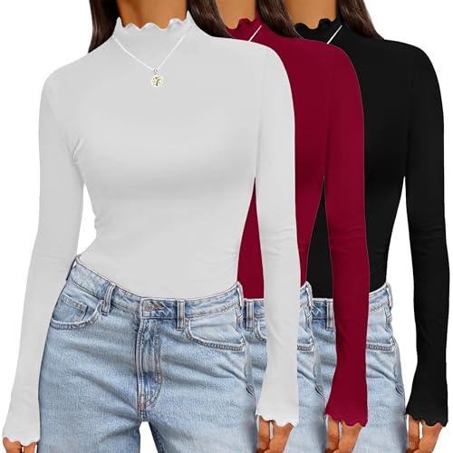 Ekouaer Womens 3 Pack Long Sleeve Shirts Turtleneck Tops for Women Stretch Fitted Thermal Undershirt Layer S-XXL