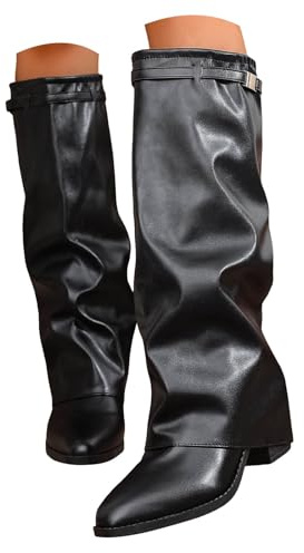 Xbemkste Bottes mi-hautes pour femme avec talon - Élégantes - À enfiler - Bout pointu - En cuir - Bottes longues - Bottes d'hiver hautes - Bottes imperméables, Noir , 37.5 EU