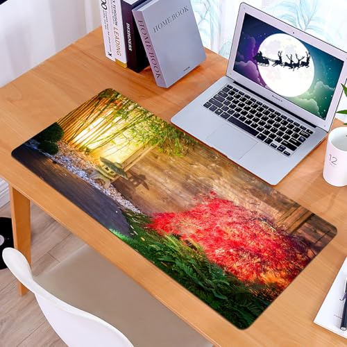 KDWJS Gaming Mouse Pad Mouse Mat - 35.5 x 16 in - XXL mousepad - Table mat large size - improved precision and speed - Garden Japanese Stone Lantern and Red Maple Tree in an Autumnal Garden Bamboo Tr