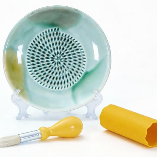 BIINONE All-in-One Ceramic Garlic Grater Plate 4-Piece Set - For Garlic, Ginger, Chocolate and Frozen Fruit-Comes with Peeler Brush and Stand