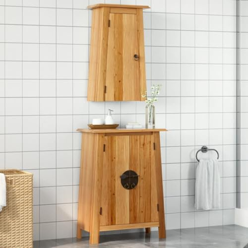 Yunovire 2-TLG. Badrumsmöbelset av massiv furu med sidoskåp och väggskåp, gott om förvaringsutrymme, vintage-look, väggmontering för badrum, gästtoalett och tvättrum