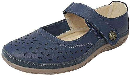 Womens Ladies X Wide EEE Fit Leather Strap Shoes Navy Blue Size 6