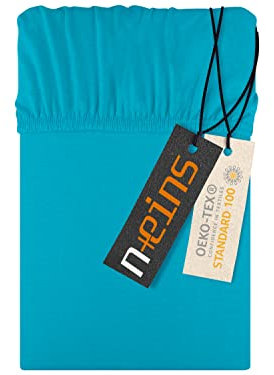 npluseins Jersey Spannbettlaken aus 100% Baumwolle - in 22 Farben - in 6 Größen, ca. 140-160 x 200 cm, türkis