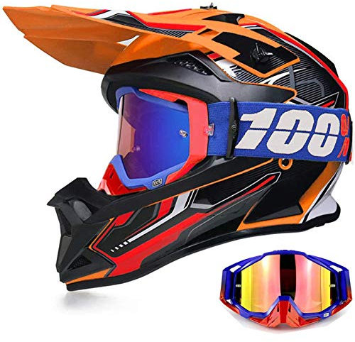 YASE Motorradhelm Crosshelm mit Brille, Motocross Helm/Enduro Downhill Helm, Offroad Motorradbrille Herren/Damen Full Face MTB Helm für Moped/ATV/Mountain Bike (Schwarz/Orange/Rot,L (56-57CM))