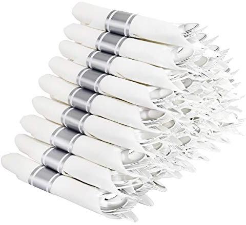 Supernal 240 Silver Plastic Silverware Set - 60 Sets Pre Rolled Napkins with Cutlery - Mirror Polished Real Look Disposable Silver Utensils- Elegant Heavy Duty Flatware for Weddings & Catering