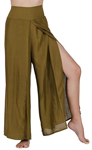 Lofbaz Pantalon de Yoga Palazzo Jambe Fendue pour Femmes Filles maternité été Plage Pyjama Taille Haute Boho Sarouel Femmes Unie Vert M