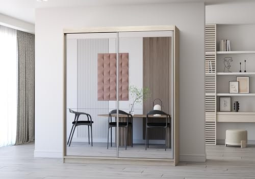 Fabryka Mebli Idźczak Kleiderschrank mit Spiegel, Schiebetüren - Schwebetürenschrank, Schlafzimmerschrank - ‎61 x 183 x 218 cm - Weiß, Sonoma Schrank für Schlafzimmer, Wohnzimmer, Garderobe