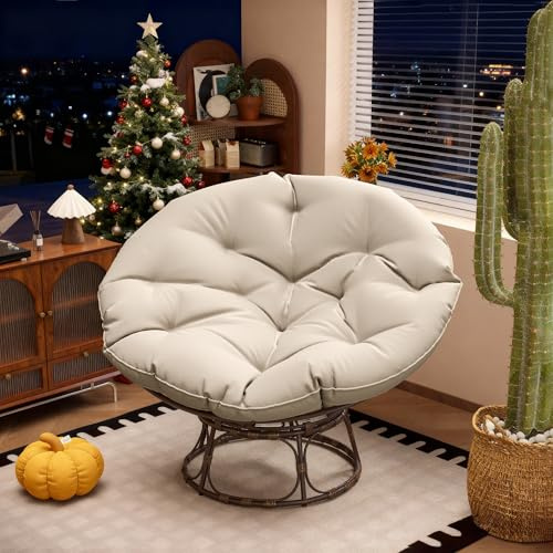 MeetLeisure 46'' Large Size Papasan Chair (Non-Swivel) with Cushion and Frame, Lazy Circle Round Chair for Bedroom and Living Room, Beige