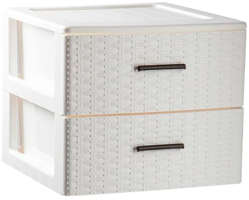 Tradineur - Cajonera de ordenación Rin Rattan de plástico - 2 cajones - Torre de almacenaje multiusos, organizador auxiliar, almacenamiento, baño - 31,5 x 36,5 x 36,5 cm - Color Blanco Roto