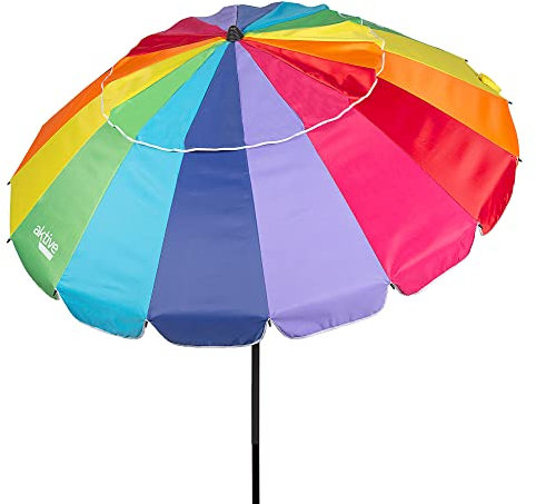 Aktive 62279 - Winddichter Strandschirm, Faltbar, Mehrfarbig, Ø195 cm, Neigbar, Mit UV 50 Schutz, Strand Windschutz, Großer Sonnenschirm, Regenbogen Strandschirm, Strandschirme