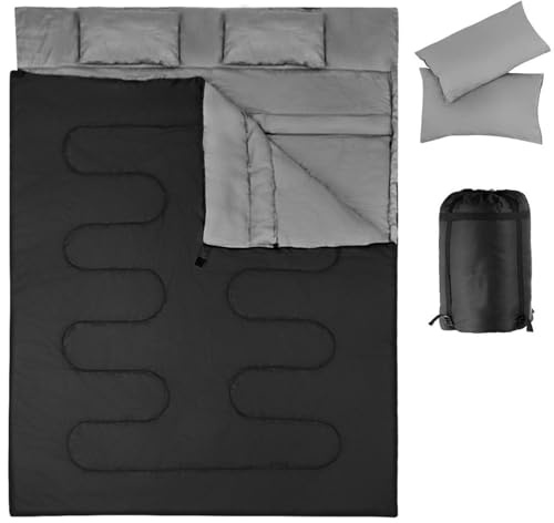 SPOTRAVEL Double Sleeping Bag, Rectangular Camping Bag with 2 Pillows and Carrying Bag, Large Waterproof Sleeping Bags for Hiking, Backpacking & Traveling (Black)