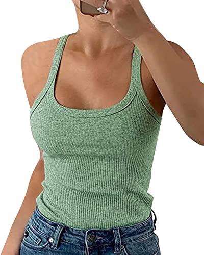 Wenrine Débardeur spaghetti sexy pour femme - Col en U - Débardeur d'été côtelé - Coupe ajustée - Couleur unie, vert clair, XXL