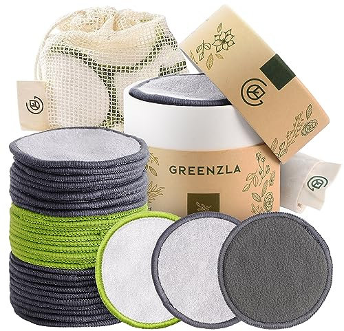 Greenzla Reusable Makeup Remover Pads (30 Pack) With Washable Laundry Bag And Round Box for Storage | Natural Bamboo and Organic Cotton Rounds For All Skin Types - Eco-Friendly Reusable Cotton Pads