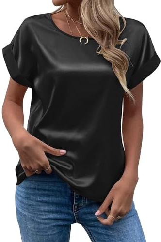 MINTLIMIT Womens Short Sleeve Satin Silk Blouse Rolled Sleeve Round Neck Summer Casual Office Work Shirt 2025, Black