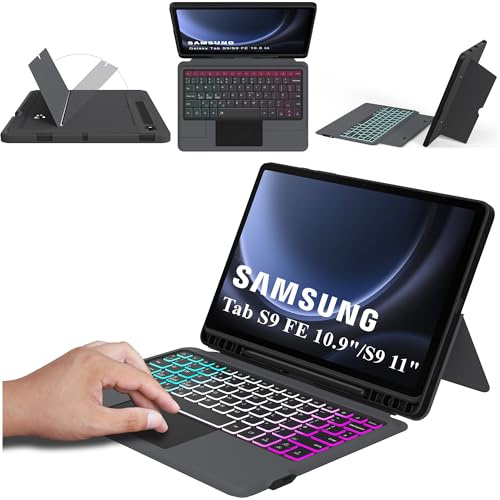 ROOFEI Galaxy Tab S10 FE/S9 FE/S9 Case with Detachable Keyboard : 3-Zone 7 Color Backlit, Smart Touchpad, Multi-Angle Kickstand - UK Layout Keyboard Cases for Tab S9 FE 10.9/S10 FE 10.9/S9 11