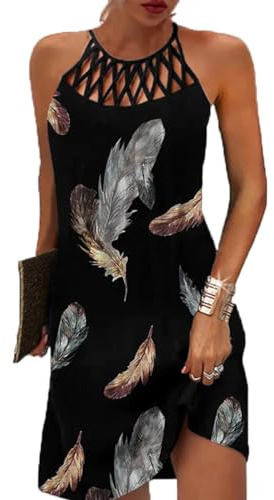 GRMLRPT Abito Donna Estivo Senza Maniche Boho Estate Vestito CortoStile Etnico Elegante Stampato retrò Abiti Collo Halter Tempo Libero Vestito Signore Abiti Spiaggia Donne(Nero-1,L)