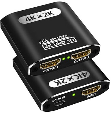 Hxwlo Splitter HDMI 1 Ingresso 2 Uscite, 4K per Doppio Monitor, Supporto 3D Full HD 1080P, Design in Alluminio, Compatibile con PS4, PS5, HDTV (1 Sorgente su 2 Display, Solo Modalità Mirroring) - Nero