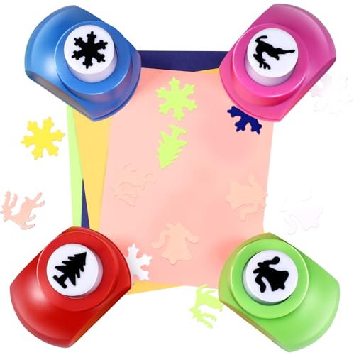 Watersay 4 Pcs Lever Action Punch Christmas Punch Deer, Bell, Snowflake, Christmas Tree Shape Cutters for Crafts Christmas Hole Punch Set for Paper Crafting Scrapbooking Cards Arts DIY Projects