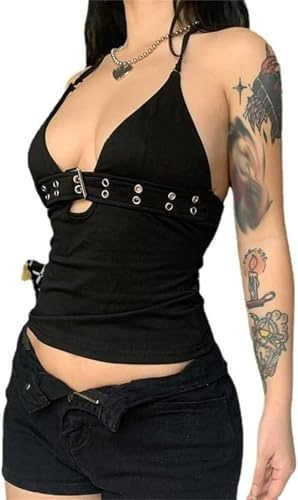FENXIXIONE Sexy Pour Femmes Décolleté Décolleté Hauts à Encolure Courte Vêtements Emo Y2k Gothique Punk Rock Licou Débardeur Crop Tops Pour Femmes Avec Anneau En Métal