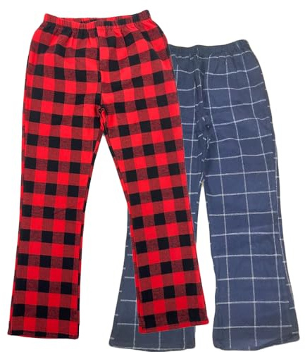 LANBAOSI Barn flanellpyjamasbyxor flickor elastisk midja myskläder underdelar burshed bomull rutiga loungebyxor med fickor, Röd + marinblå, 7-8 Years