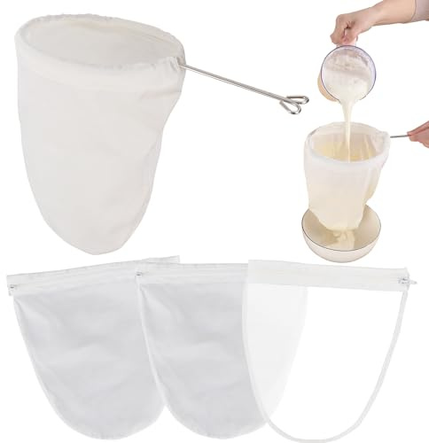 Esuduky 5 Pcs Premium Ultra Fine Mesh Strainer Bags with Stainless Steel Handle, Reusable Nut Milk Bags, Cheese Cloths for Straining Juice, NutMilk, Coffee, Thai Tea, Yogurt and Soup (Small)