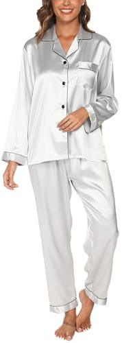 TeJoyce Pijama de Seda Largo para Mujer, Ropa de Dormir de Satén de Dos Piezas, Conjunto Loungewear de Raso de Manga Larga con Botones y Pantalón, Ropa de Casa Elegante y Cómodo de Invierno S-XXL
