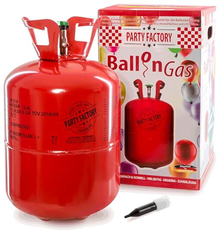 Party Factory – Helium Gasflasche 1x 400L für ca. 50 Luftballons – Partydeko Ballongas Flasche für Latex- & Folienballons – Einwegflaschen mit Knick-Füllventil – Für Partys, Hochzeiten und Geburtstage
