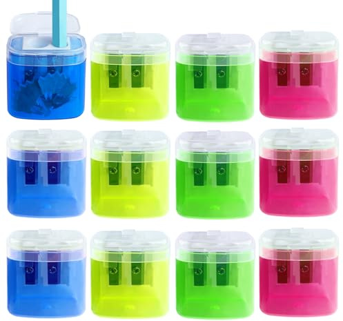 O OLAX Temperino con Serbatoio, 12 Pezzi Doppi Fori Temperino con Contenitore, Temperamatite con Serbatoio con Coperchio, per Diversi Tipi di Matite Studenti Scuola Ufficio Viaggi (4 Colori)