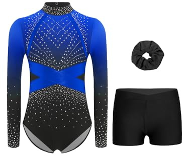 CHICTRY Gymnastics Leotards for Girls Sparkle Diamond Long Sleeve Ballet Dance Bodysuit Jumpsuit with Shorts and Hairband Set Blue 9-10 Years