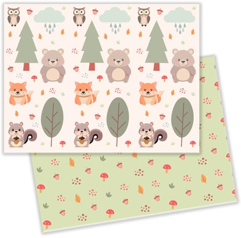 Tappetino Gioco per Bambini Pieghevole, 200x150 cm, Spessore 10mm, Motivo Bosco con Animali, Verde