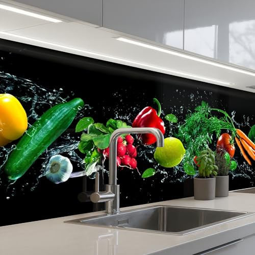 KitchenYeah© Küchenrückwand Selbstklebend 60x200 cm Küchenspritzschutz Rückwand Wandschutz Ohne Bohren Spritzschutz Wand Wandverkleidung Gemüse - Spritzer - Schwarz