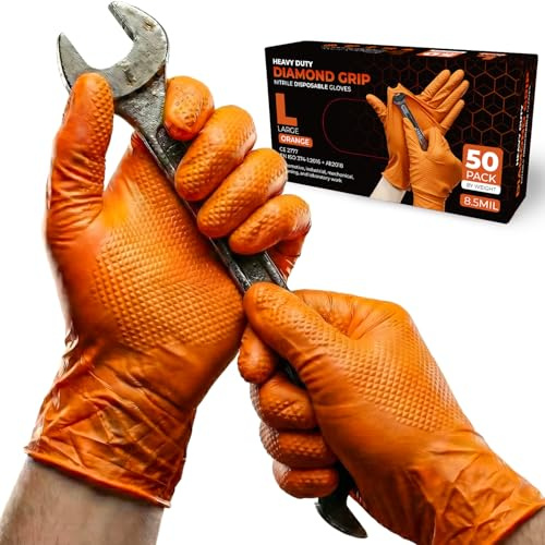 PRAIMA Mechanic Gloves, Diamond Grip Orange Nitrile Disposable Gloves | Powder-Free, Latex-Free, Extra Thick & Strong Rubber Gloves for Work, Automotive, Industrial, and Cleaning Use (L, 50, count)