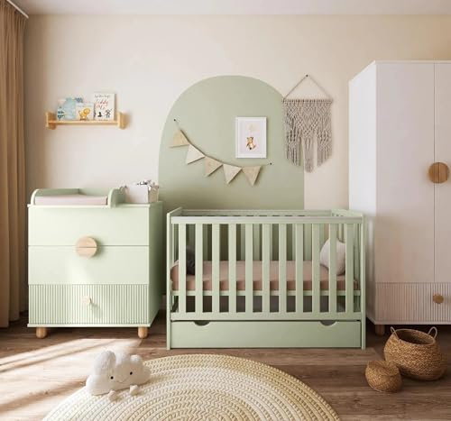 zee Bambi Cuna Bebé 120x60 cm Verde Menta Set con Cajón Y Barrera + Cómoda Cambiador Loft Mueble Habitación Bebé Convertible En Cama Junior Cuna De Madera Resistente
