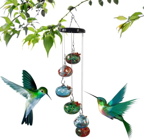 Distributore di mangime colibrì in – Ciotola per cibo sospesa, soffiata a mano, per formiche e api, a prova di colibrì con sei sfere – per giardino, terrazza, balcone