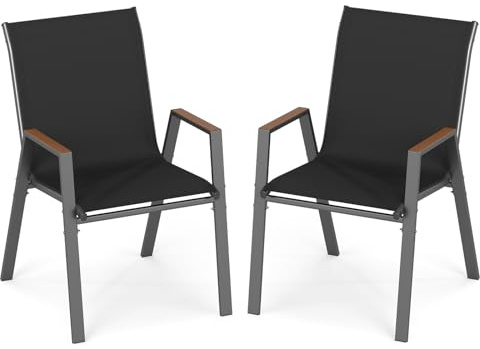 COSTWAY Lot de 2/4 Chaises de Jardin Exterieur, Fauteuils Empilable, Charge 180 kg, Tissu Respirant, Structure en Métal, Chaise Exterieur pour Jardin Cour Balcon, 56 x 66 x 88 cm (Noir,2)