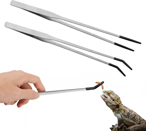2 Pcs Reptile Feeding Tongs,Aquarium Tweezers,Terrarium Tools,Gecko Tank Accessories,Extra Long Tweezers,Stainless Steel Feeder with Rubber Tips,Straight and Curved Tweezer for Tanks,Lizards Feeders